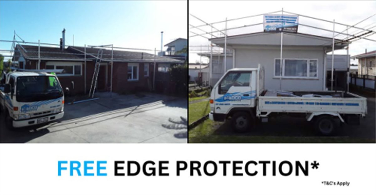ADCO Roofing March 2024 free edge protection promotion with roof scaffolding and ADCO trucks at residential homes.